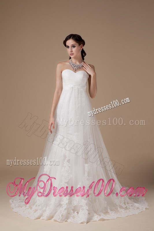 Brush Train Strapless White Wedding Dress with Lace Appliques