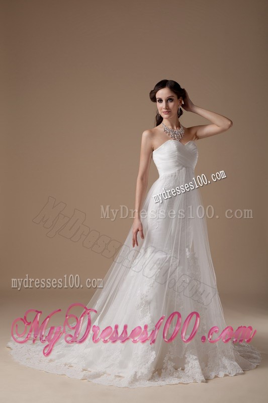 Brush Train Strapless White Wedding Dress with Lace Appliques