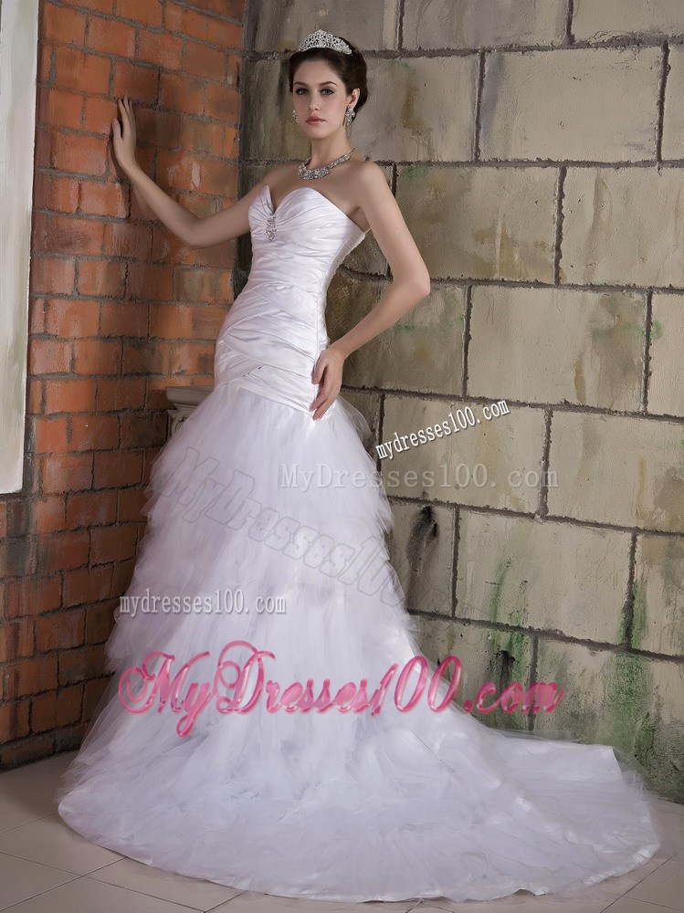 Sweetheart Strapless Ruche Mermaid Court Train White Wedding Dress