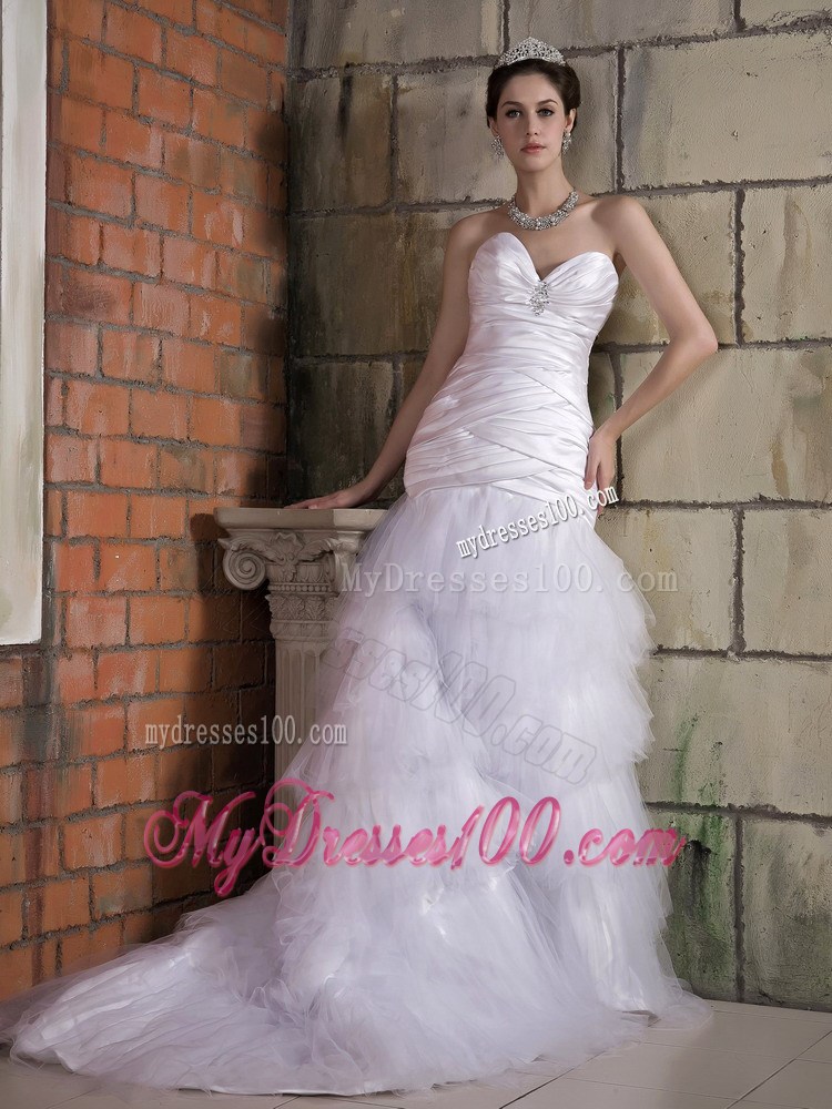 Sweetheart Strapless Ruche Mermaid Court Train White Wedding Dress
