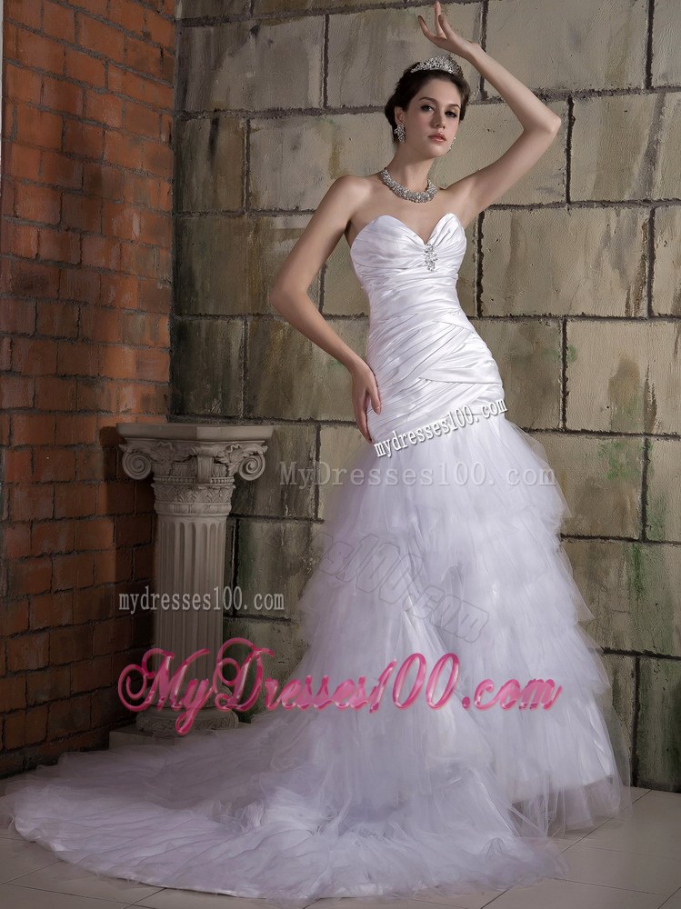 Sweetheart Strapless Ruche Mermaid Court Train White Wedding Dress