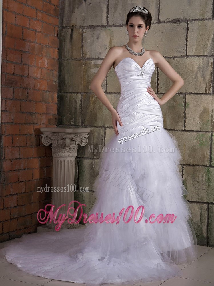 Sweetheart Strapless Ruche Mermaid Court Train White Wedding Dress