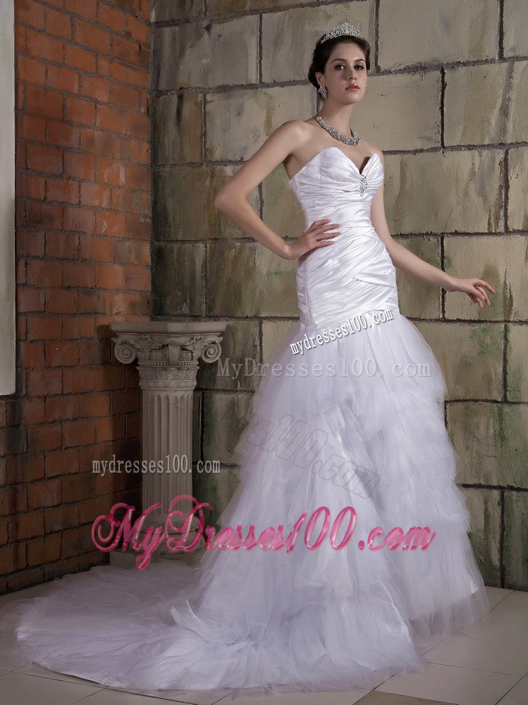 Sweetheart Strapless Ruche Mermaid Court Train White Wedding Dress
