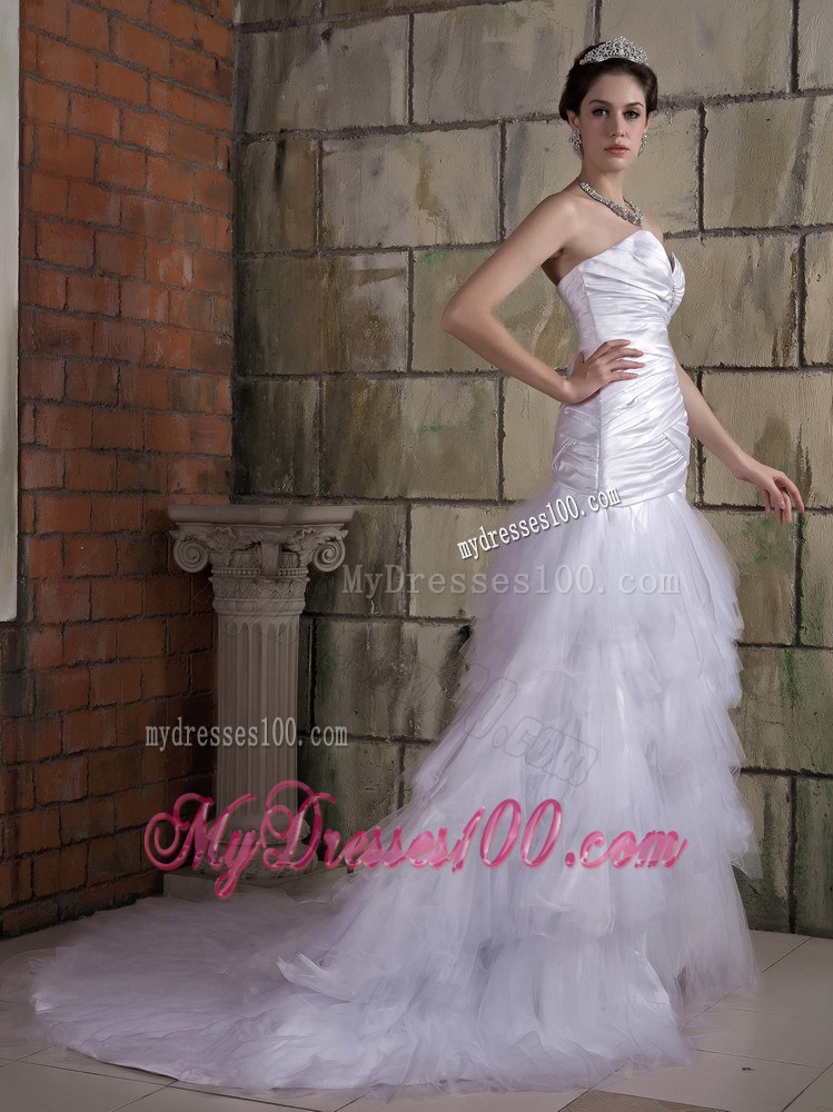 Sweetheart Strapless Ruche Mermaid Court Train White Wedding Dress