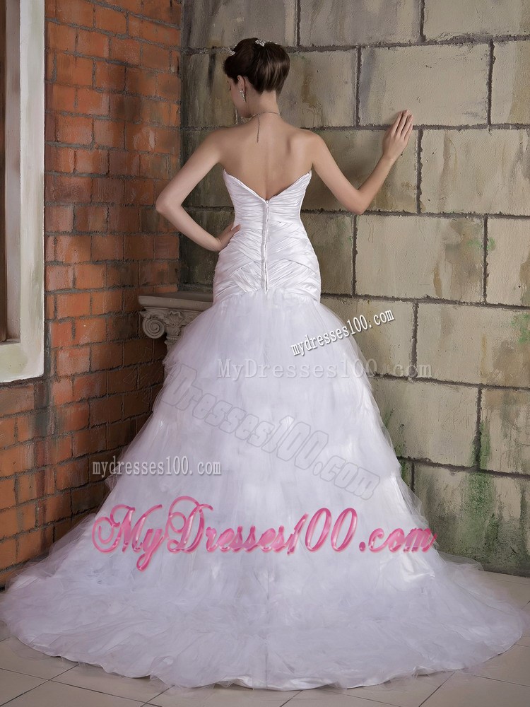Sweetheart Strapless Ruche Mermaid Court Train White Wedding Dress