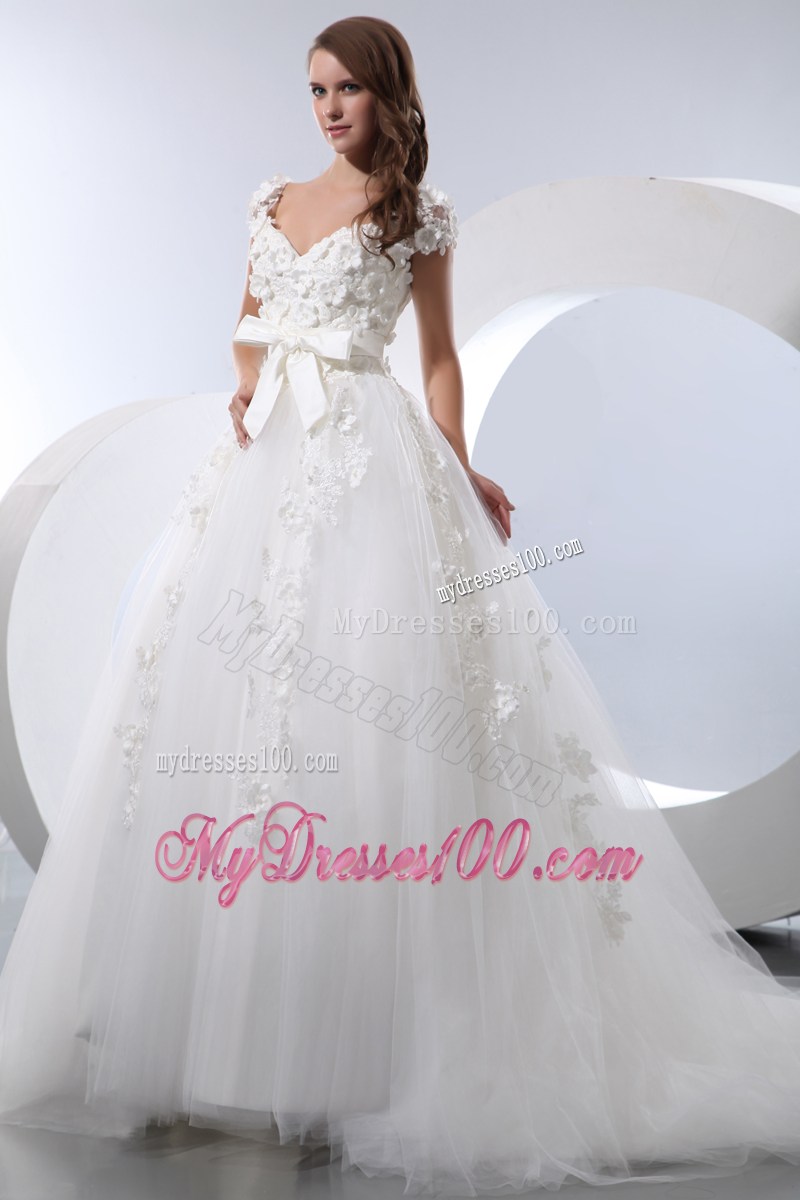 Flowers and Bowknot Accent Chapel Train V-neck Wedding Dresses