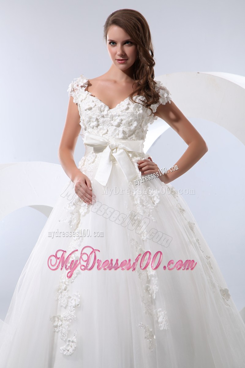 Flowers and Bowknot Accent Chapel Train V-neck Wedding Dresses