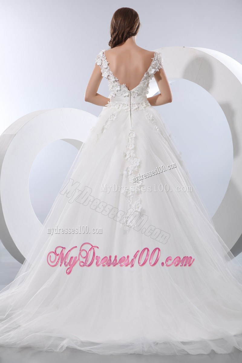 Flowers and Bowknot Accent Chapel Train V-neck Wedding Dresses