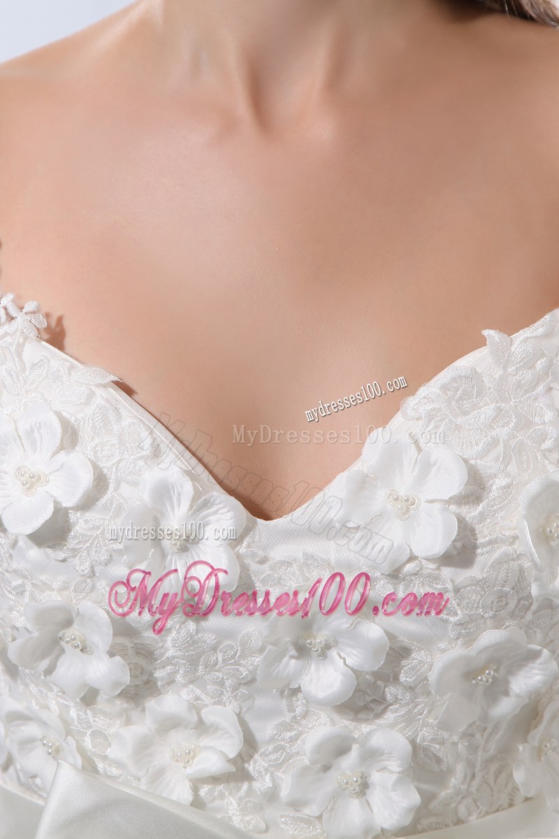Flowers and Bowknot Accent Chapel Train V-neck Wedding Dresses