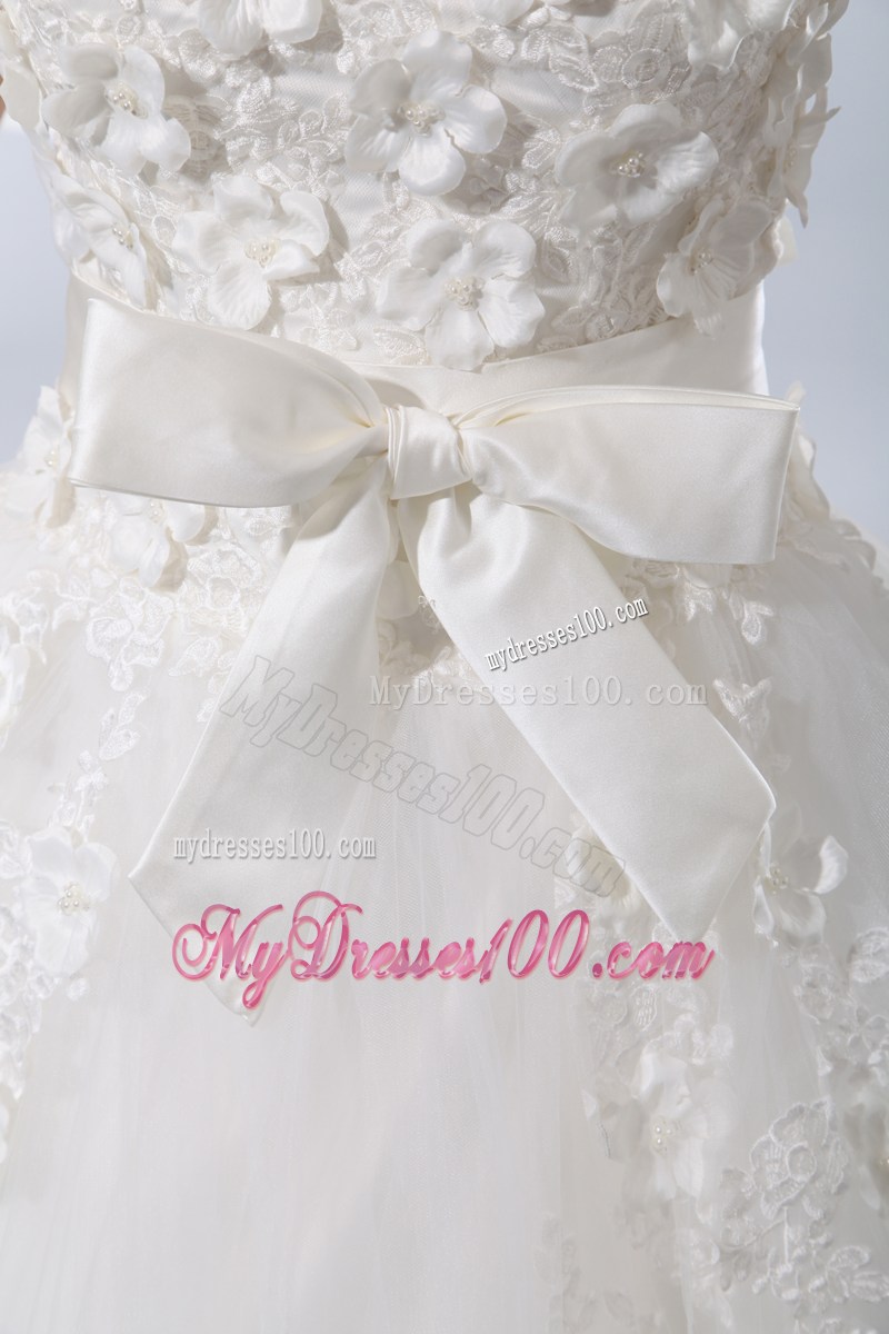 Flowers and Bowknot Accent Chapel Train V-neck Wedding Dresses
