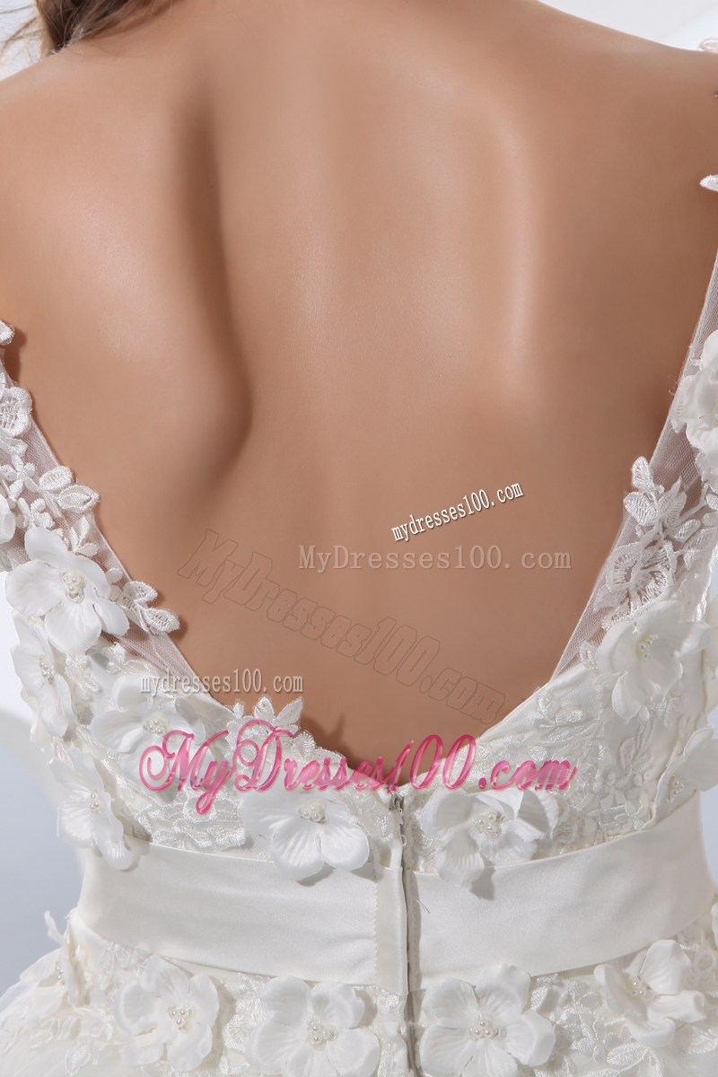 Flowers and Bowknot Accent Chapel Train V-neck Wedding Dresses