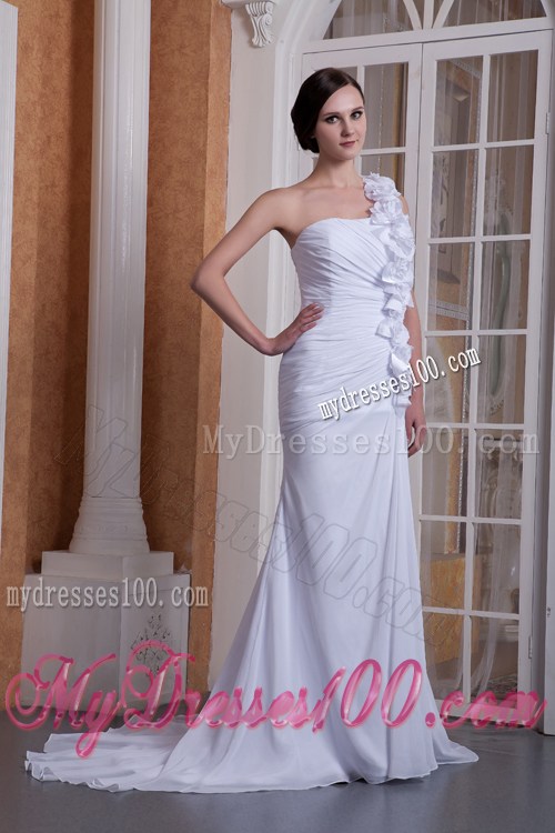 Hand-made Flowers Accent Column Brush One Shoulder Wedding Dress