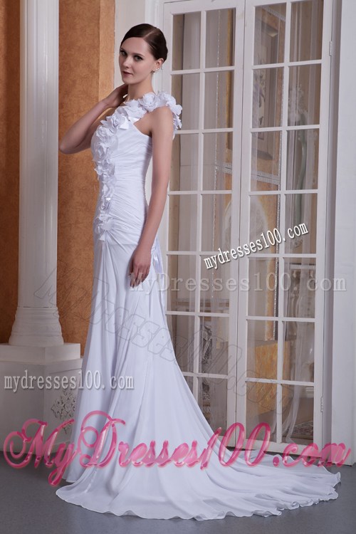 Hand-made Flowers Accent Column Brush One Shoulder Wedding Dress