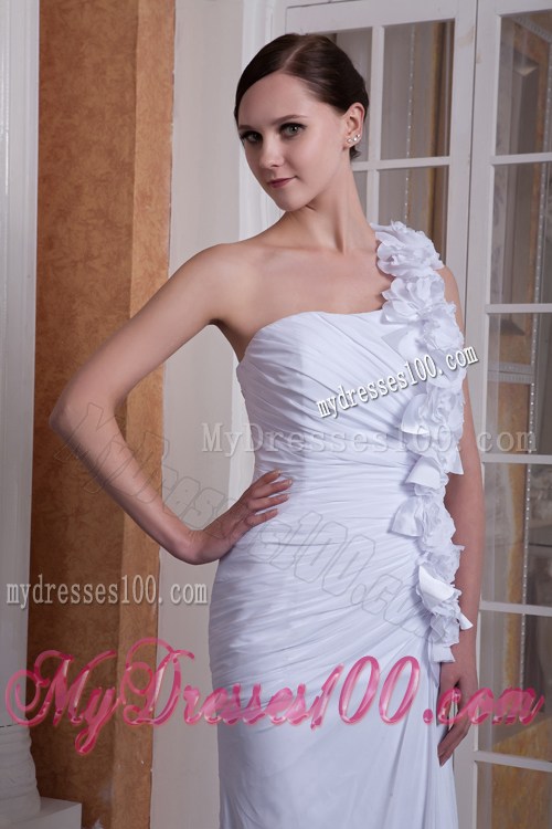 Hand-made Flowers Accent Column Brush One Shoulder Wedding Dress