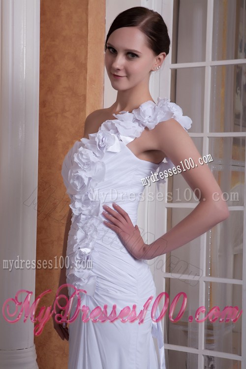 Hand-made Flowers Accent Column Brush One Shoulder Wedding Dress