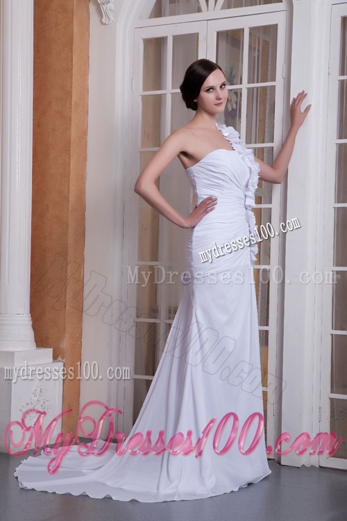 Hand-made Flowers Accent Column Brush One Shoulder Wedding Dress