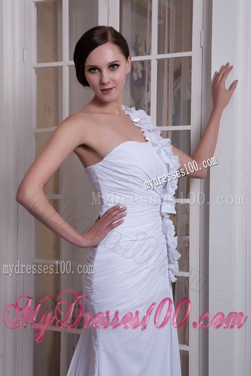 Hand-made Flowers Accent Column Brush One Shoulder Wedding Dress
