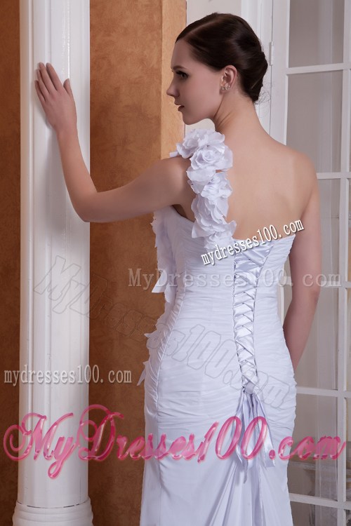 Hand-made Flowers Accent Column Brush One Shoulder Wedding Dress