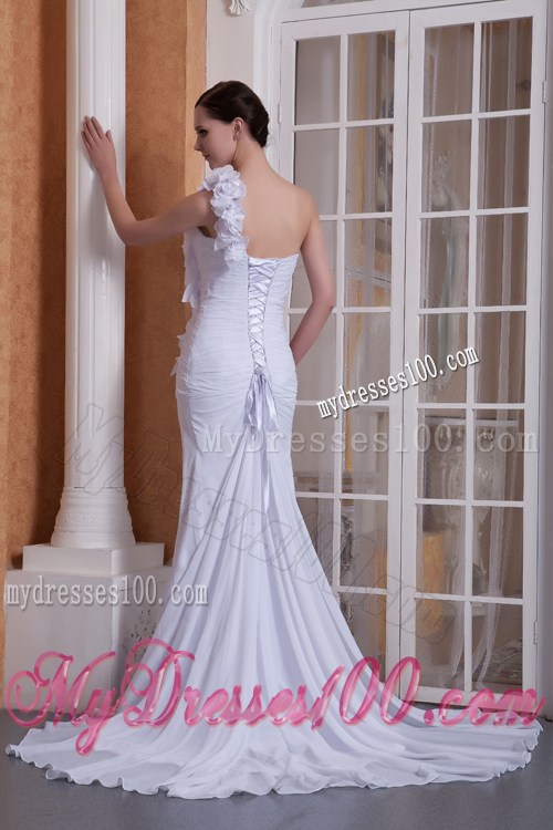 Hand-made Flowers Accent Column Brush One Shoulder Wedding Dress