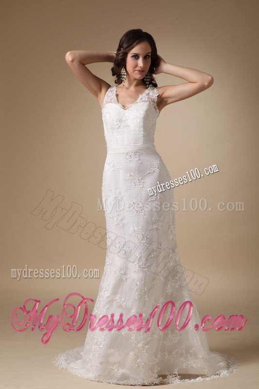 V-neck Column Brush Train Zipper-up Sleeveless Wedding Dresses