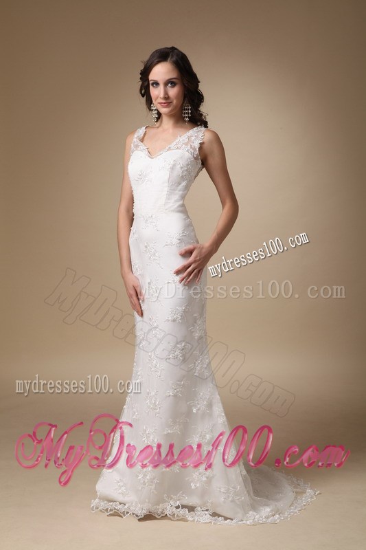 V-neck Column Brush Train Zipper-up Sleeveless Wedding Dresses