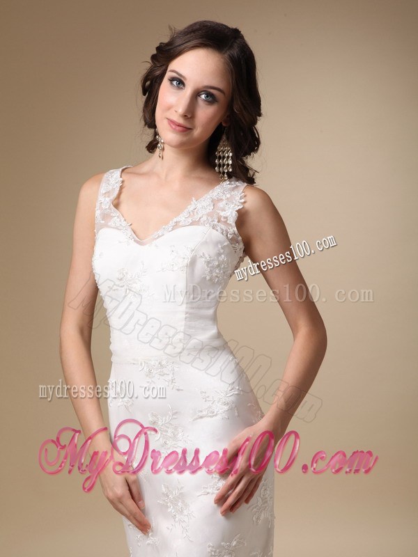 V-neck Column Brush Train Zipper-up Sleeveless Wedding Dresses