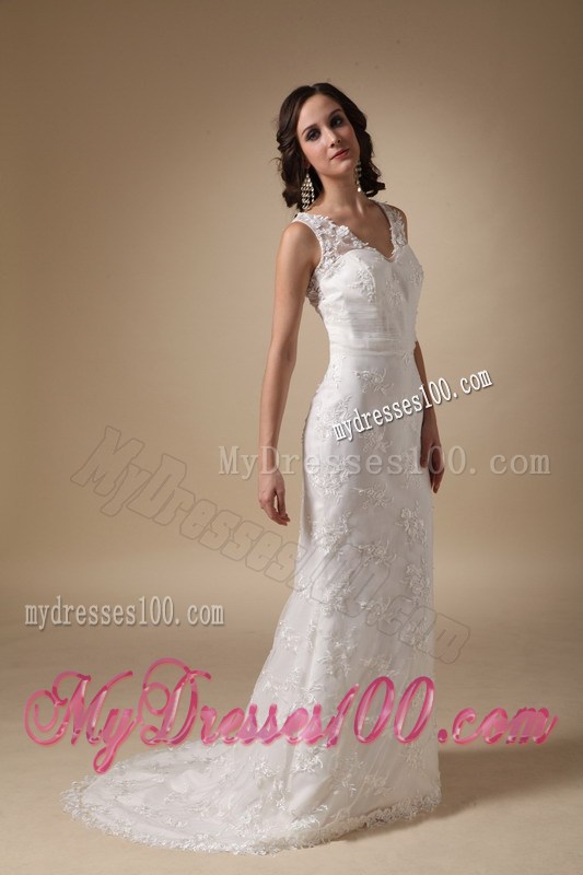 V-neck Column Brush Train Zipper-up Sleeveless Wedding Dresses