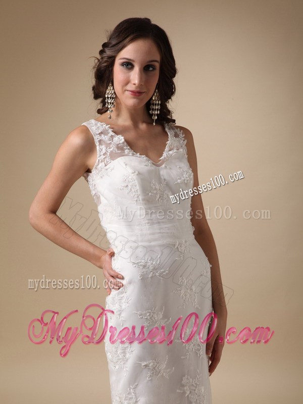V-neck Column Brush Train Zipper-up Sleeveless Wedding Dresses