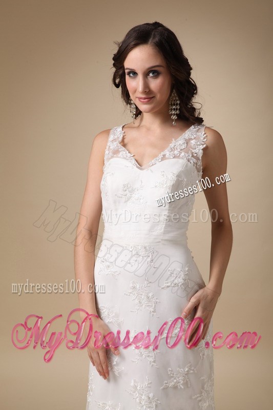 V-neck Column Brush Train Zipper-up Sleeveless Wedding Dresses