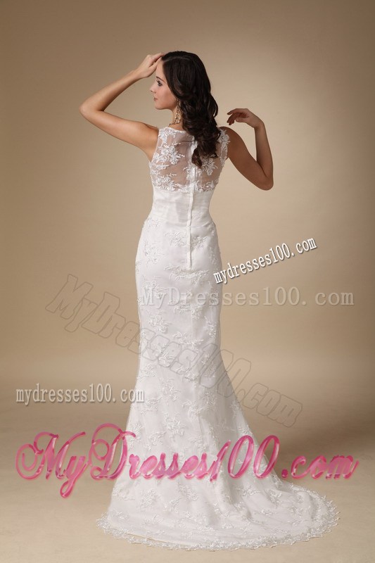 V-neck Column Brush Train Zipper-up Sleeveless Wedding Dresses