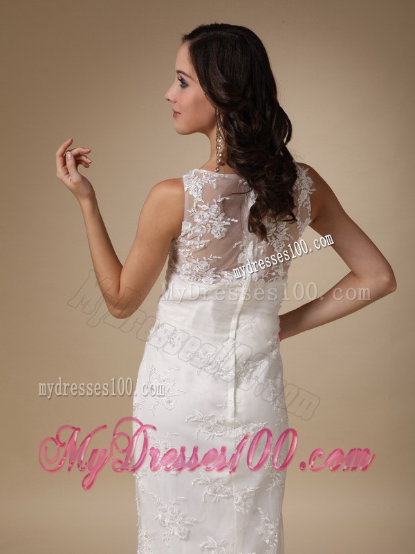 V-neck Column Brush Train Zipper-up Sleeveless Wedding Dresses