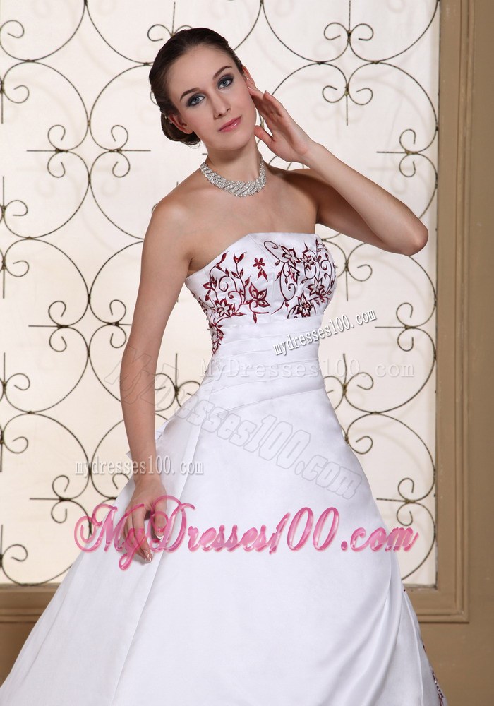 Sweep Train Wedding Dress in White with Red Floral Embroideries