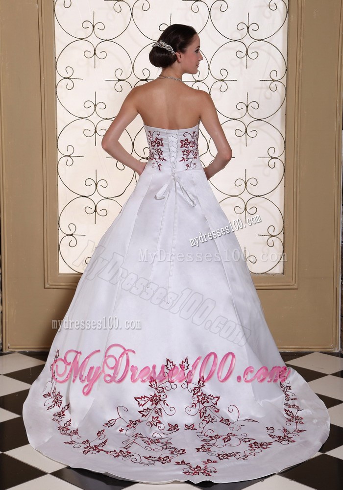 Sweep Train Wedding Dress in White with Red Floral Embroideries