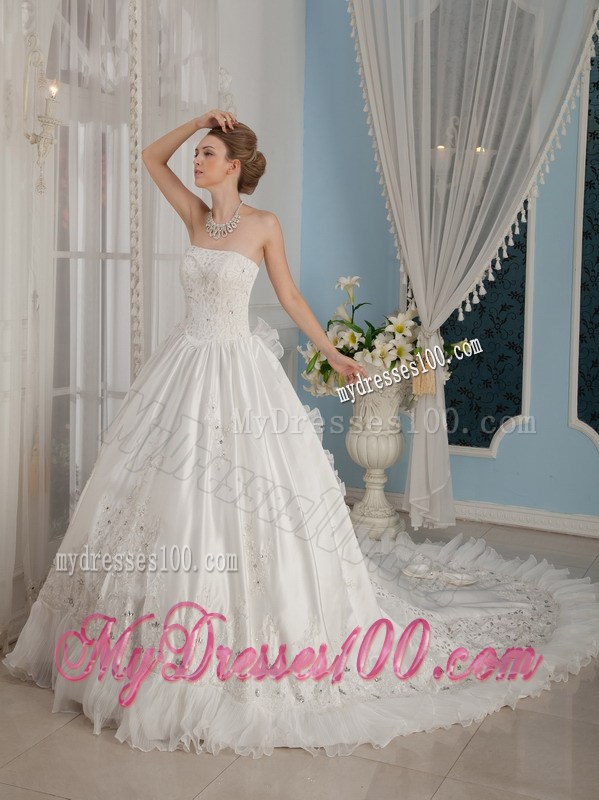 Remarkable Strapless Cathedral Train Appliques Wedding Dress