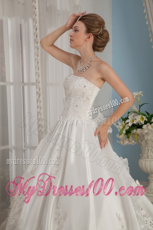 Remarkable Strapless Cathedral Train Appliques Wedding Dress