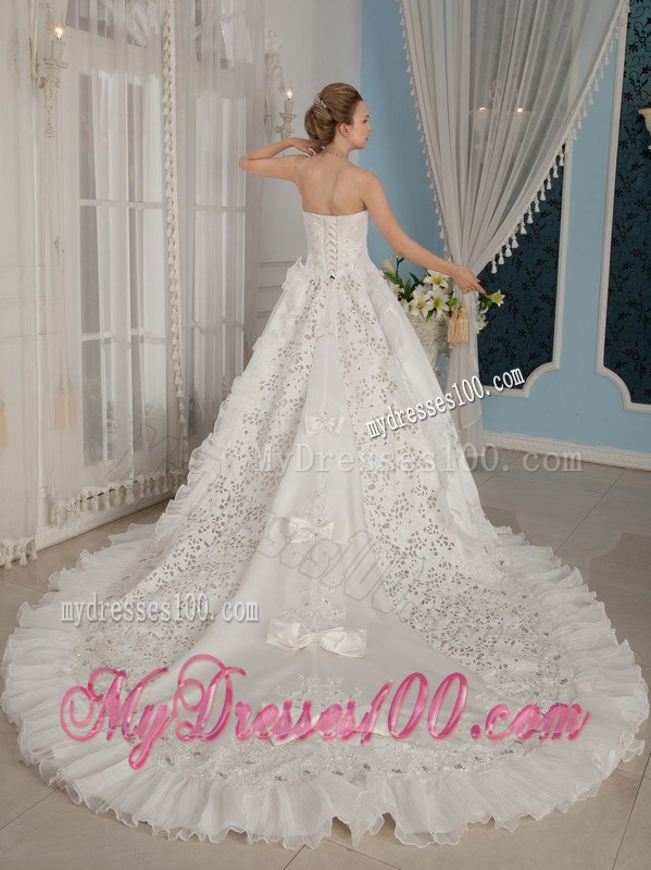 Remarkable Strapless Cathedral Train Appliques Wedding Dress