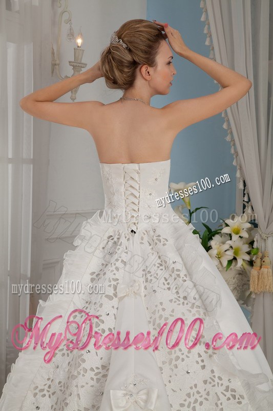 Remarkable Strapless Cathedral Train Appliques Wedding Dress