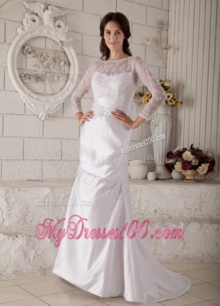 Transparent 3 4 Sleeves Scoop Brush Train Beading Wedding Gowns