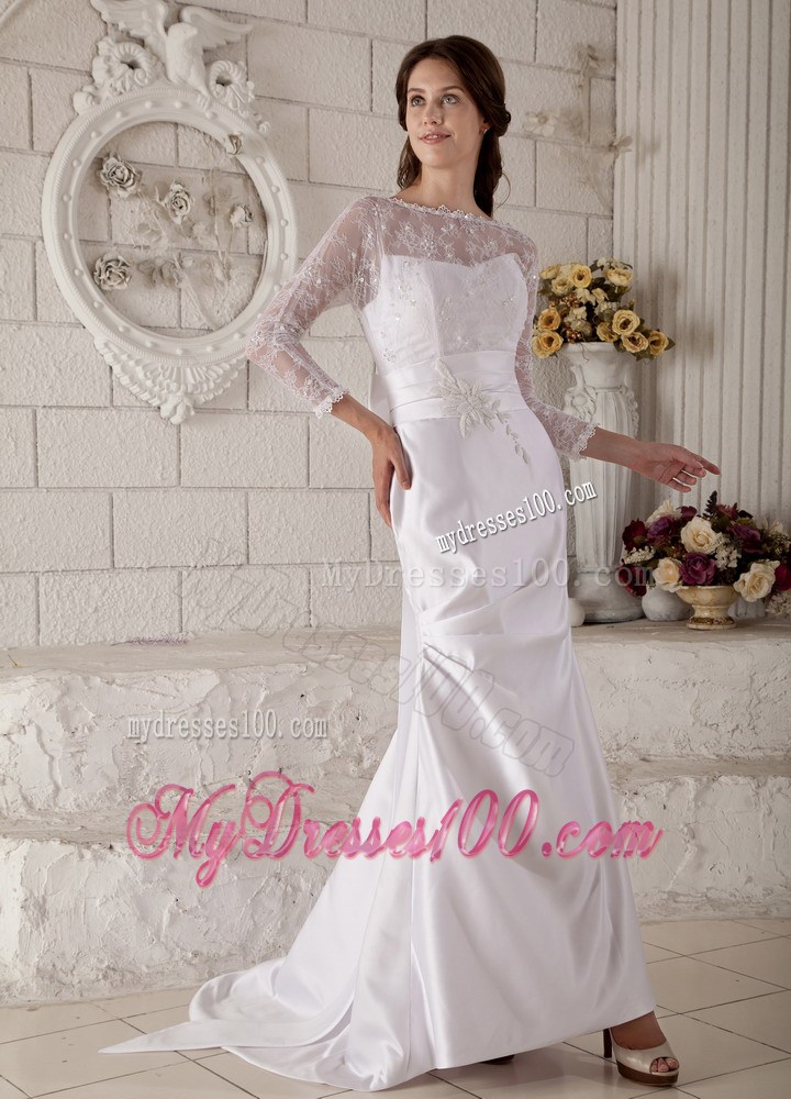 Transparent 3 4 Sleeves Scoop Brush Train Beading Wedding Gowns