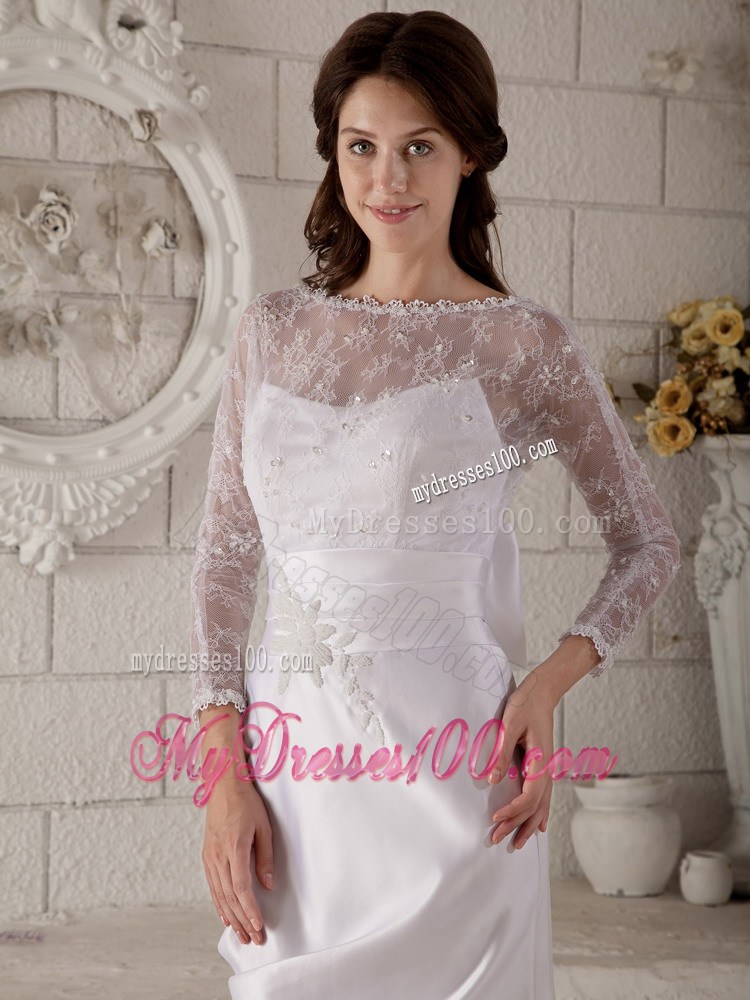 Transparent 3 4 Sleeves Scoop Brush Train Beading Wedding Gowns