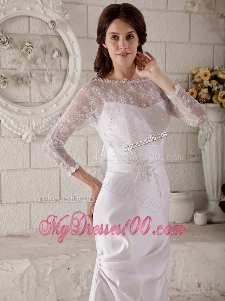Transparent 3 4 Sleeves Scoop Brush Train Beading Wedding Gowns