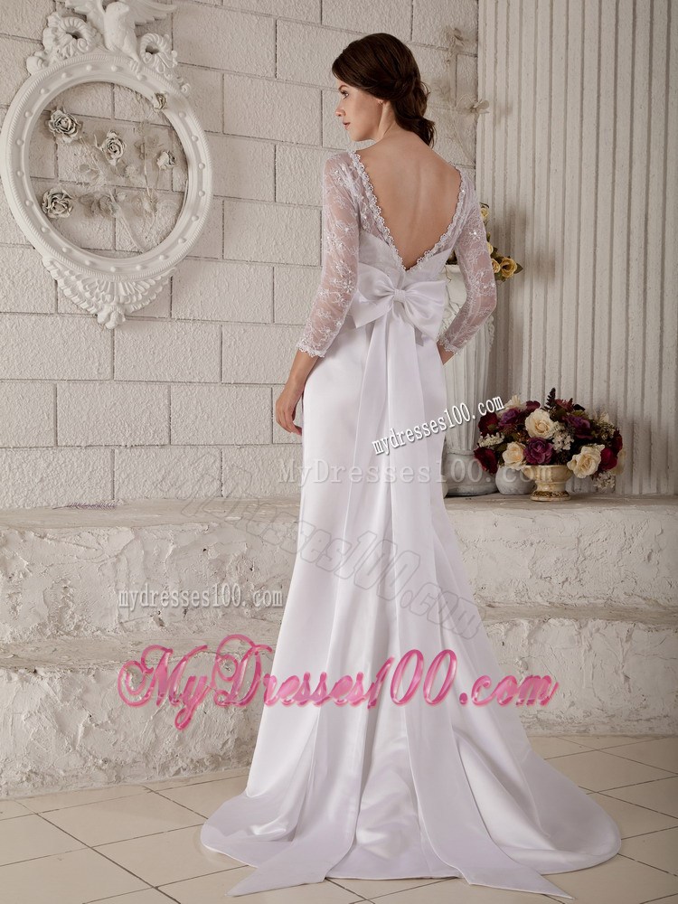 Transparent 3 4 Sleeves Scoop Brush Train Beading Wedding Gowns