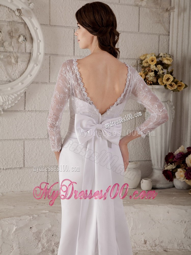 Transparent 3 4 Sleeves Scoop Brush Train Beading Wedding Gowns