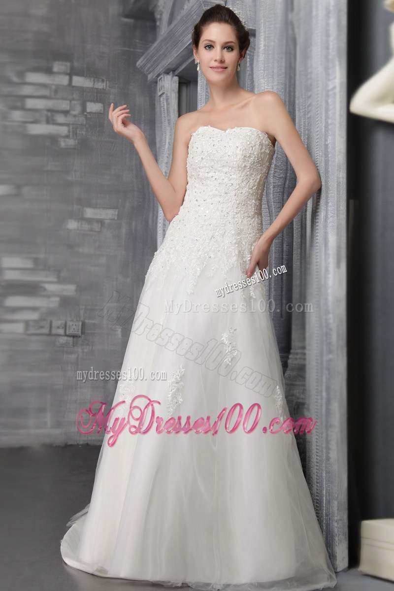 Best Seller Appliques Sequins White Lace Wedding Gown Court Train