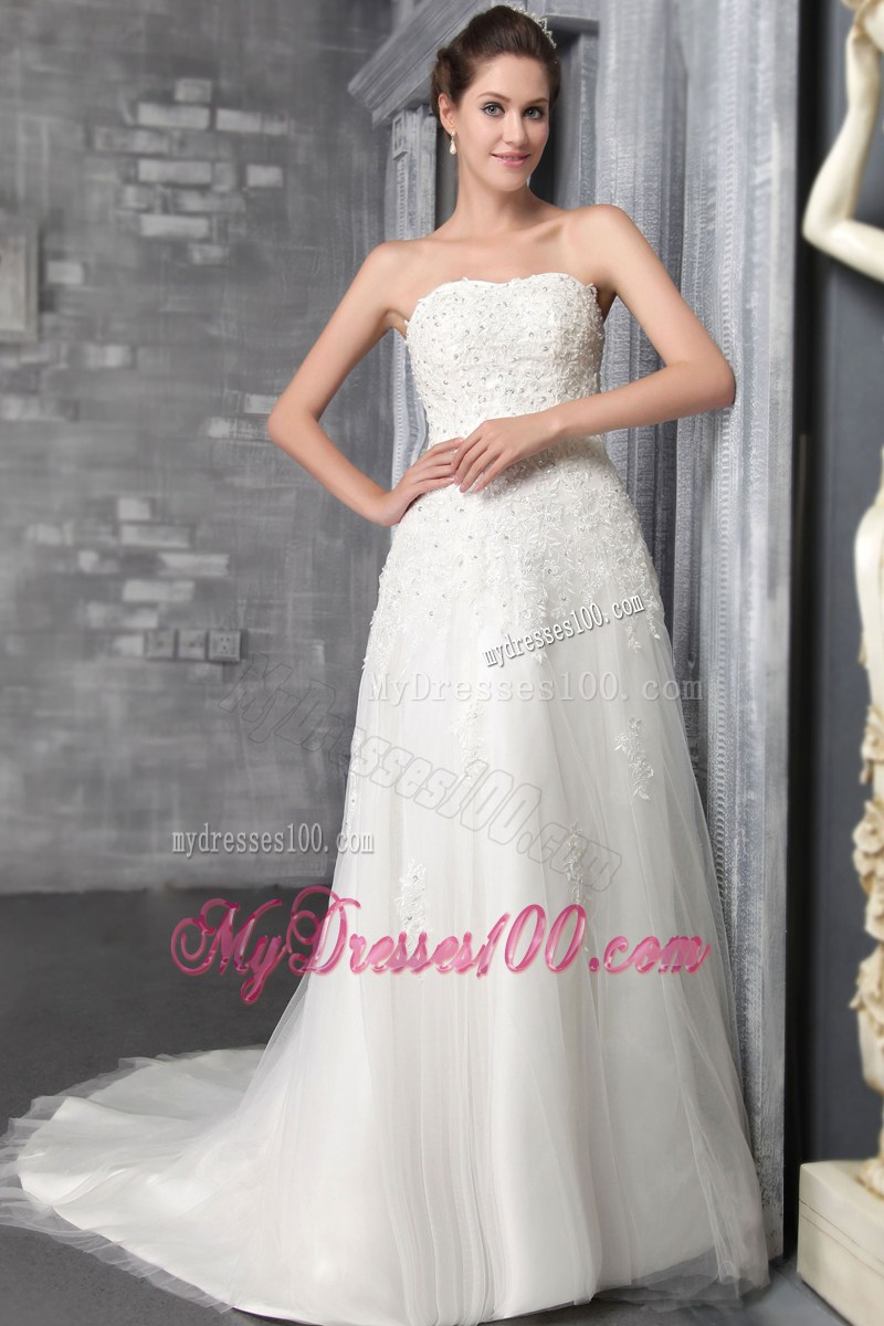 Best Seller Appliques Sequins White Lace Wedding Gown Court Train