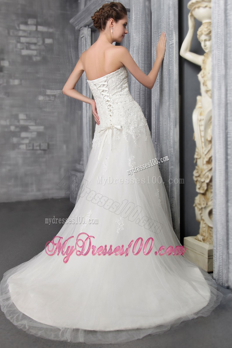 Best Seller Appliques Sequins White Lace Wedding Gown Court Train