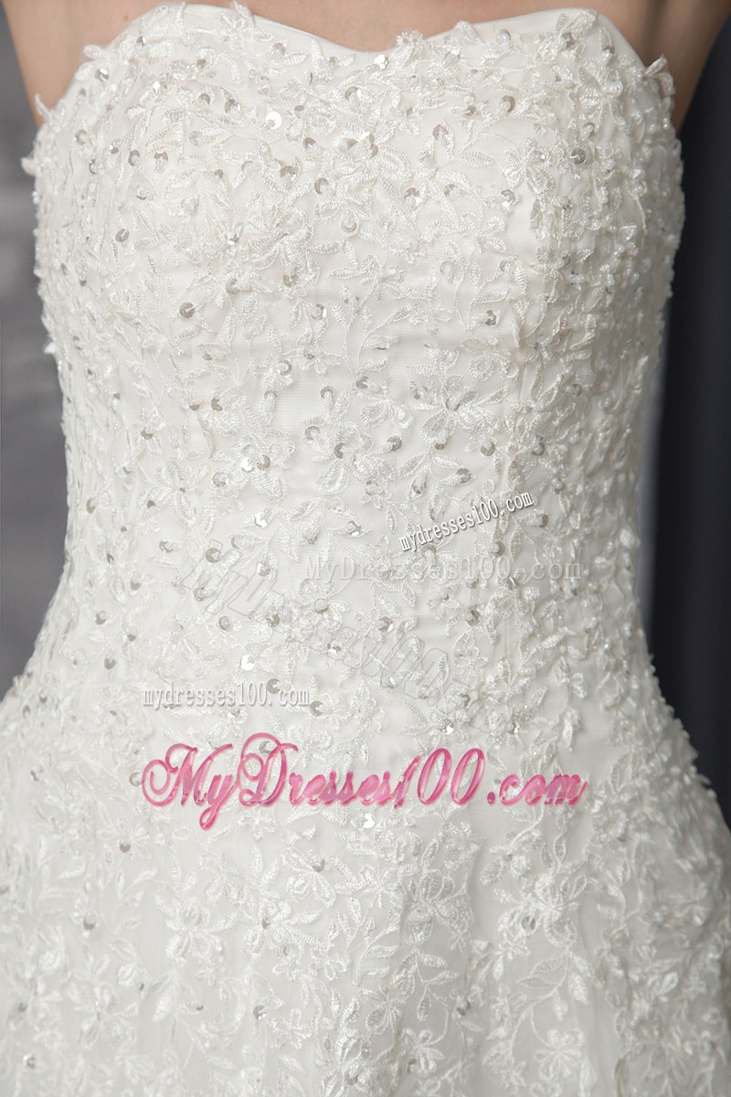 Best Seller Appliques Sequins White Lace Wedding Gown Court Train