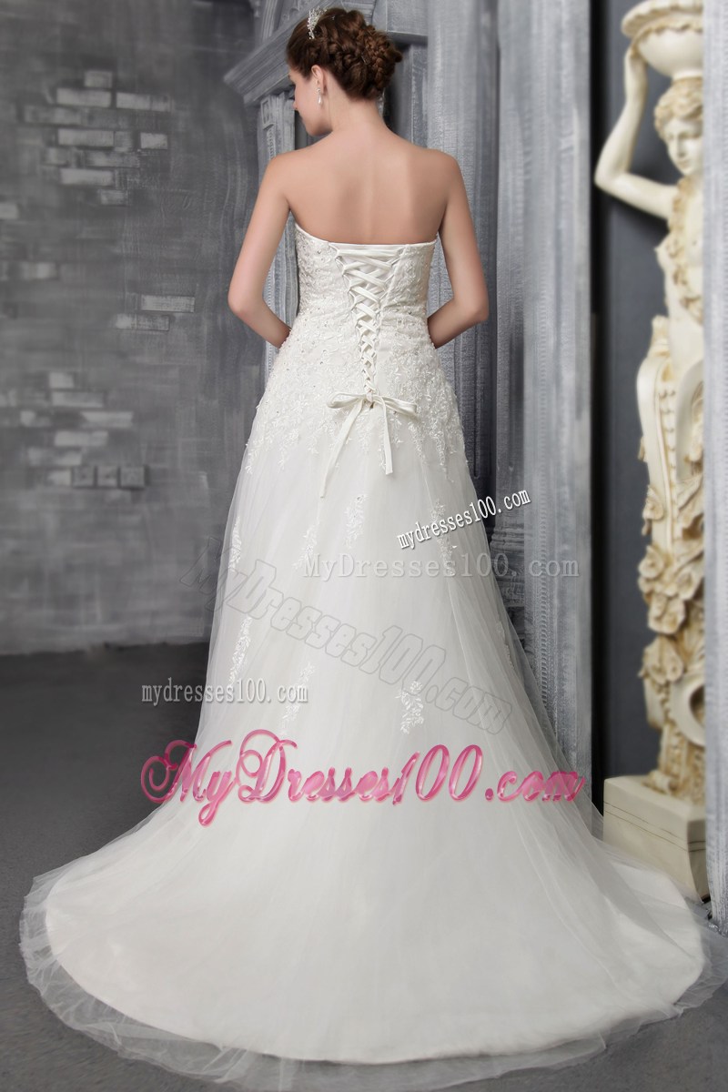 Best Seller Appliques Sequins White Lace Wedding Gown Court Train
