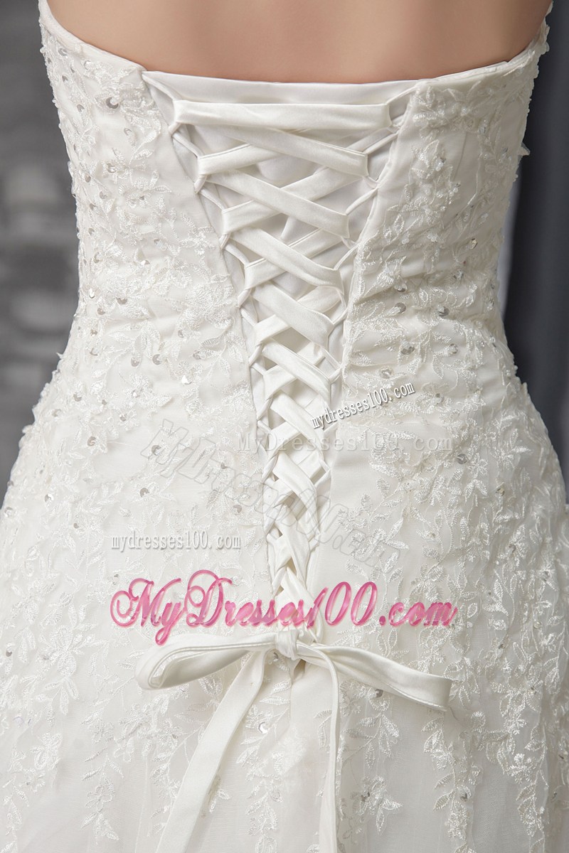 Best Seller Appliques Sequins White Lace Wedding Gown Court Train