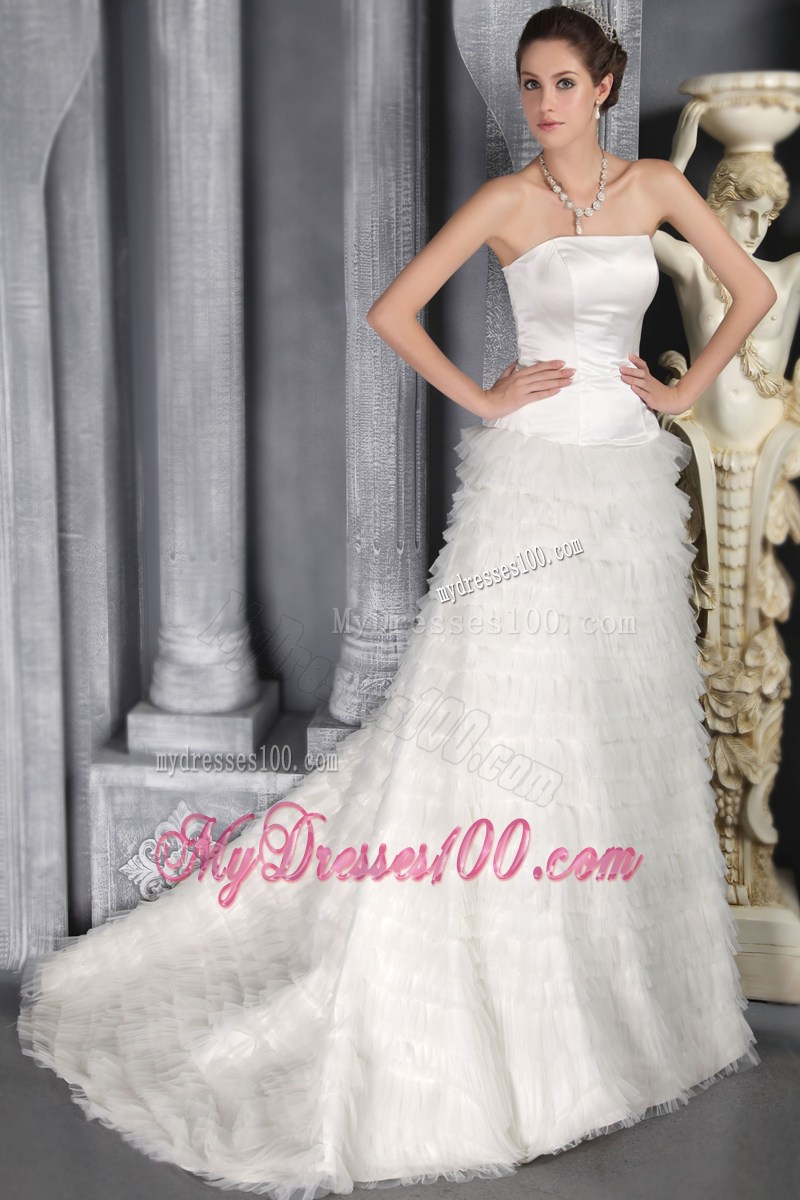 Romantic Sweetheart Strapless Sweep Train Zipper-up White Wedding Gown